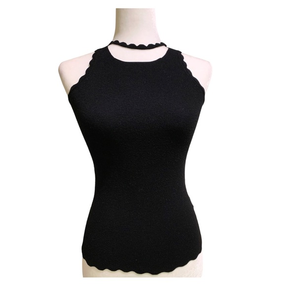 Minnie Rose Top Cutout Black Ribbed Knit Scalloped Edge Tank Top Size XS - Picture 8 of 8